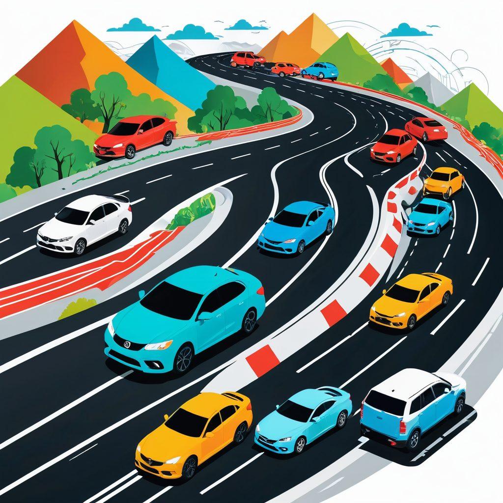 A collage featuring diverse vehicles like cars, motorcycles, and trucks on a winding road, depicting various types of insurance coverage symbols like shields and checklists. Include a person examining a map, representing strategizing about insurance options. Use bright, engaging colors and a modern, clean style to attract attention. vibrant colors. vector art. white background.