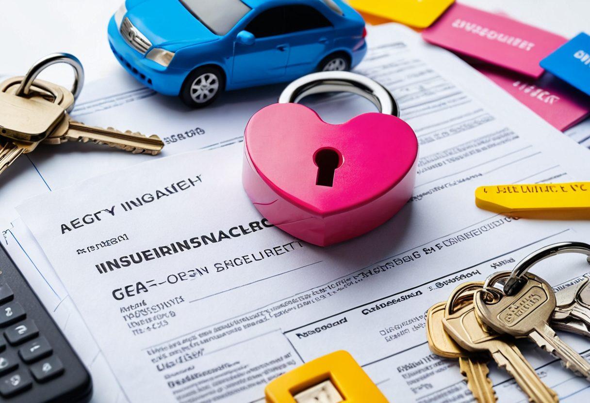 An open padlock symbolizing secrets being unlocked, surrounded by car insurance documents, a calculator, and keys. The background features a diverse range of cars representing various budgets. Brightly lit, inviting colors to create a sense of optimism and security. super-realistic. vibrant colors. white background.